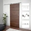 A sliding door with a wooden finish and a metal track, shown with close-up views of the hardware components. Produktbild-Vorschau