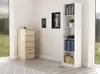 A room with a tall white bookshelf and a wooden chest of drawers. Produktbild-Vorschau