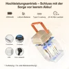 Diagram showing the internal components and charging options of an air mattress pump. Produktbild-Vorschau