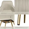 A collage of four images showing details of a beige upholstered chair with gold legs. Náhled obrázku produktu