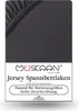 A close-up of a dark gray jersey fitted sheet with a label at the bottom. Produktbild-Vorschau