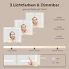 A diagram illustrating the different light color options and dimming feature of a mirrored cabinet, with a woman's face shown in three different lighting conditions. Voir les images du produit
