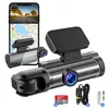 A dashcam and its accessories are displayed on a white background, with a smartphone showing a map and a road view. Produktbild-Vorschau