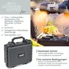 A black outdoor case is shown in the foreground, with a blurred background of outdoor scenery and equipment. Text overlays describe the product's features and uses. Produktbild-Vorschau