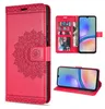 A collage of images showing a red flip phone case with a mandala design, and a smartphone inside the case. Produktbild-Vorschau