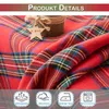 A close-up of red plaid fabric with a small wooden star ornament and three feature icons at the bottom. Produktbild-Vorschau