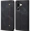 A black flip-style phone case is shown from the front and back. Produktbild-Vorschau