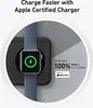 An Apple Watch is shown charging on a charging pad, with text highlighting fast charging capabilities. Produktbild-Vorschau