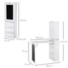 Diagrams showing the dimensions of a white folding desk with a bookshelf and a blackboard. Voir les images du produit