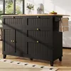 A black kitchen island with a wooden countertop is shown in a well-lit room with large windows. Podgląd zdjęcia produktu