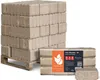 A stack of firewood briquettes on a pallet and a package of briquettes in the foreground. Produktbild-Vorschau