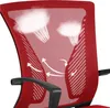 Close-up of the back of a red mesh office chair, highlighting airflow with graphic arrows and cloud-like representations of air. Produktbild-Vorschau