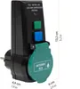 A black and green electrical safety device with dimensions indicated. Produktbild-Vorschau