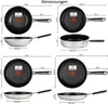 A collage of images showing different sizes and types of Tefal pans with dimensions and volume labels. Produktbild-Vorschau