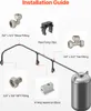 An installation guide showing various fittings and clips used to assemble a compressed air line system. Voir les images du produit