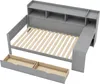 A 3D rendering of a gray daybed with drawers and a shelf unit. Podgląd zdjęcia produktu