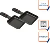 Two black rectangular raclette pans with handles are shown against a white background. Text and icons are present in orange boxes on the right side of the image. Produktbild-Vorschau