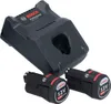 A black Bosch battery charger and two 12V batteries are shown against a white background. Voir les images du produit