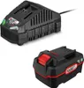 A black battery charger and a black and red battery pack are shown against a white background. Produktbild-Vorschau