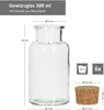 A clear glass spice jar with dimensions and a cork stopper shown with measurements. Podgląd zdjęcia produktu