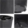 A collage of four close-up images showing different details of a black Christmas tree stand. Voir les images du produit