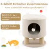 An illustration showing the assembly steps for a cat tree, with a cat and food bowl depicted. Voir les images du produit
