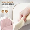A hand is pressing into a piece of foam, next to a pink velvet chair. Text overlays describe the foam and the chair. Produktbild-Vorschau