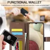 A person's hand is holding a black card in front of a brown wallet case for a smartphone. The wallet case has slots for cards and cash, and a smartphone is inserted into it. Produktbild-Vorschau