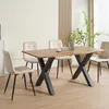 A dining set with a wooden table and four beige upholstered chairs in a well-lit room. Náhled obrázku produktu