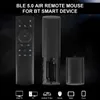 A black remote control, its battery compartment, and batteries are displayed against a dark background, with icons representing various devices at the bottom. Produktbild-Vorschau