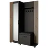 A modern black and wood-tone hall tree with a mirror, shelf, coat hooks, and a bench with storage. Produktbild-Vorschau