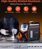 A welder using a VEVOR welding machine, with close-ups of welds below. Náhľad obrázku produktu