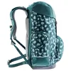 A side view of a teal and blue patterned backpack against a white background. Produktbild-Vorschau