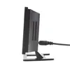Side view of a black electronic device with a stand and a power cable plugged in, isolated on a white background. Produktbild-Vorschau