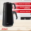 A black electric Turkish tea maker is shown on a wooden table with kitchen appliances in the background. Red text overlays highlight product features. Produktbild-Vorschau