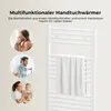 A collage of lifestyle images showing people using towels, next to a product image of a white towel warmer. Podgląd zdjęcia produktu