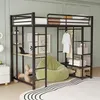 A loft bed with a desk and storage is set up in a bedroom, with a beanbag chair and other decorative items. Náhled obrázku produktu