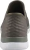 The back view of a single green Skechers sneaker with a white sole. Voir les images du produit