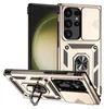 A gold-colored phone case with a sliding camera cover and a ring holder is displayed from multiple angles. Produktbild-Vorschau