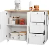 A white kitchen sideboard with a wooden countertop, open doors revealing shelves with storage containers and pots, and three drawers on the right side. Podgląd zdjęcia produktu