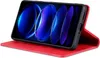 A red flip case for a smartphone is shown with the phone inside, displaying a blue abstract wallpaper. Produktbild-Vorschau