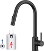 A black kitchen faucet with a pull-down sprayer is shown next to an illustration of a small water heater and a control knob. Produktbild-Vorschau