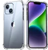 Two views of an Apple iPhone 14 in a clear protective case, showing the back and front. Produktbild-Vorschau