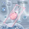A transparent pink phone case with a ring holder is shown against a light blue background with abstract bubbles. Produktbild-Vorschau