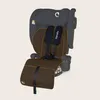 A child car seat with a brown cover and blue straps. Produktbild-Vorschau