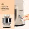 A split image showing a kitchen mixer on the left and a close-up of a hand adjusting the speed dial of a kitchen mixer on the right, with text highlighting product features. Produktbild-Vorschau