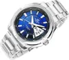 A close-up studio shot of a men's wristwatch with a blue dial and silver metal band. Produktbild-Vorschau