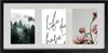 A black multi-photo frame with a white mat and three different images: a misty forest, a quote in script, and pink flowers. Produktbild-Vorschau