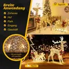Collage showing illuminated Christmas reindeer and sleigh decorations in both daytime and nighttime settings, with text overlays highlighting application areas and light details. Náhled obrázku produktu