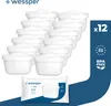 A stack of white water filter cartridges and a single packaged cartridge, with marketing text and icons on the right side. Podgląd zdjęcia produktu